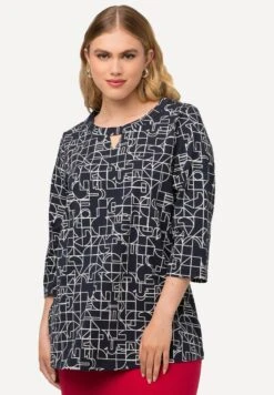 Ulla Popken Grafisches Muster Rundhals Keyhole3/4Maglietta A Manica LungaDunkles Marine Donna T-shirt E Top UP121D2HO-K11